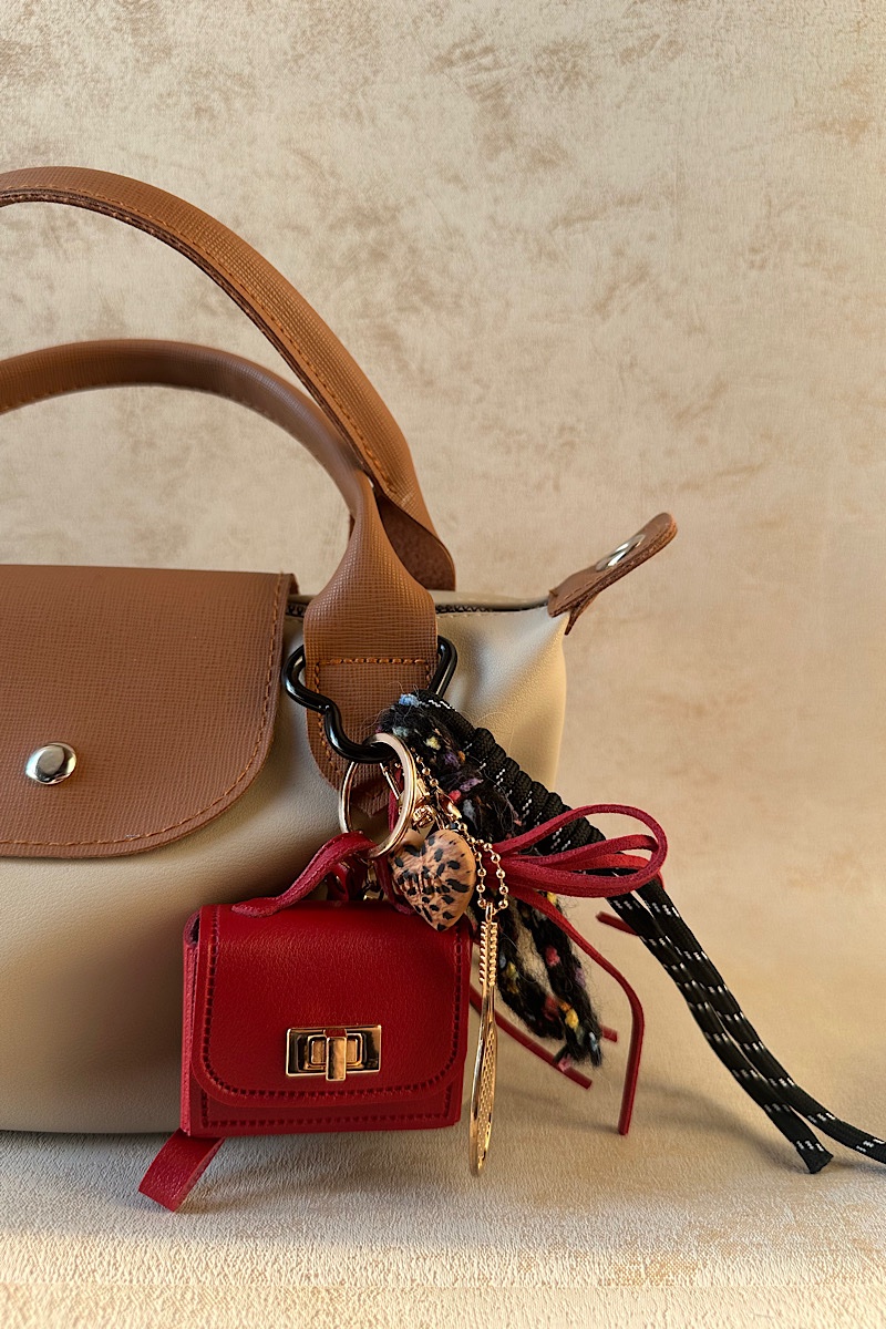 Mini Leather Compartment Red Bag Charm